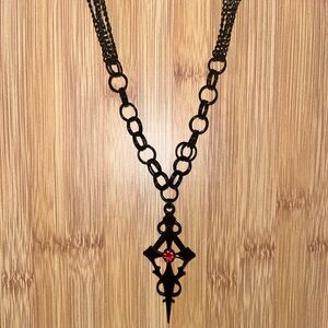 Hand Crafted Black Cross Pendant Necklace with Red Accent